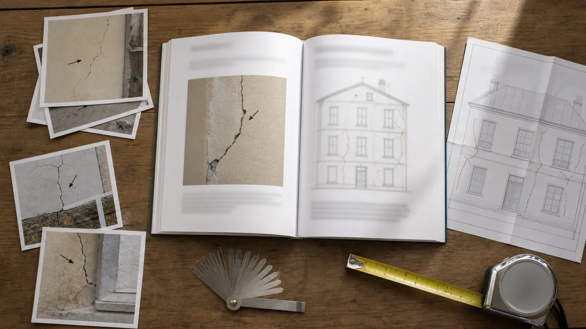 Rapport d'expertise fissure ouvert sur une table de travail, tirages photo annotés, plan de façade avec relevé des fissures, mètre ruban et fissuromètre posés à côté, aucune personne dans le cadre
