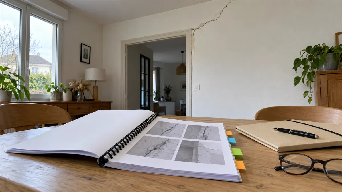 Rapport d'expertise relié par une spirale, ouvert sur des photos de fissures et garni d'onglets de couleur, posé sur une table de salle à manger à côté d'une chemise cartonnée, d'un stylo et d'une paire de lunettes, avec au fond une fissure en biais au-dessus d'un encadrement de porte