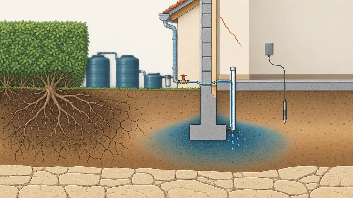 Coupe illustrée d'une maison sur argile : la gouttière remplit deux cuves d'eau de pluie puis une petite cuve d'injection munie d'un filtre et d'une vanne rouge, un tuyau traverse le mur jusqu'à un tube vertical qui descend près de la semelle, un goutteur humidifie un bulbe de sol bleuté sous la fondation, une sonde reliée à un boîtier mesure l'argile, tandis que les racines d'une haie dessèchent le sol fendu de l'autre côté