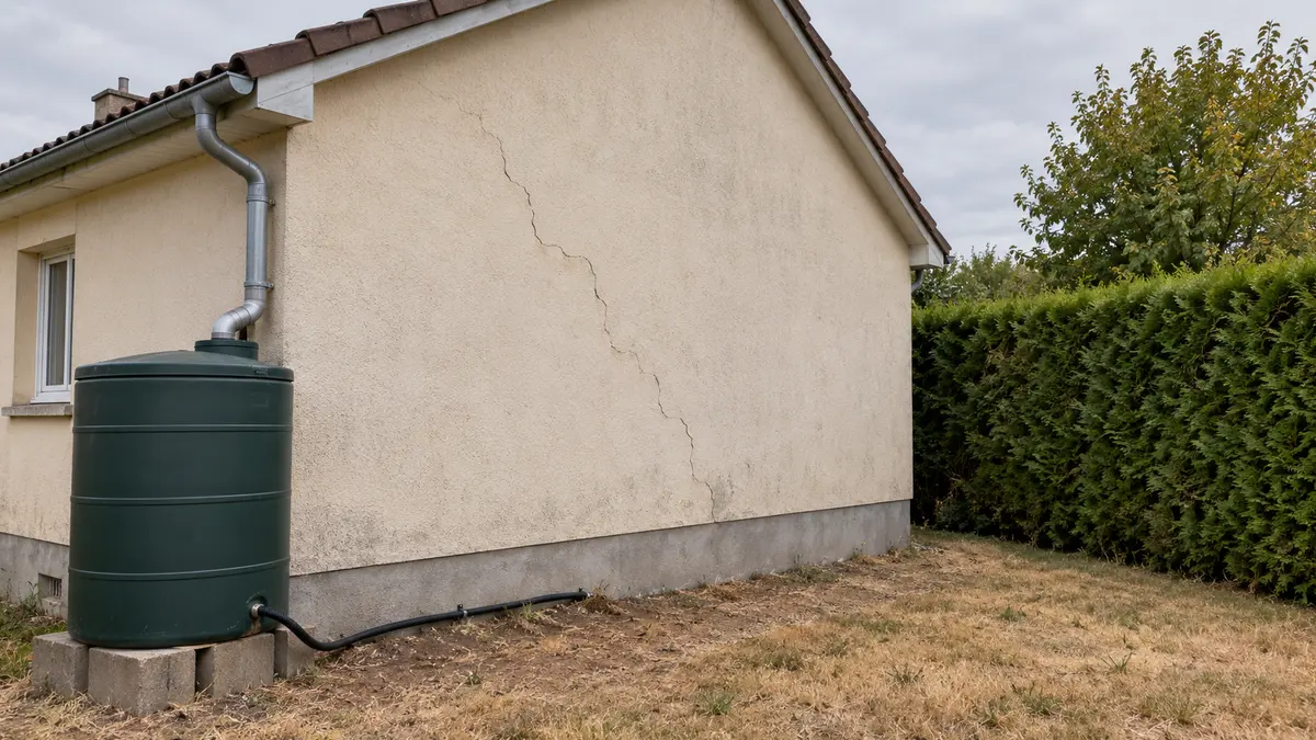 Pignon enduit beige d'une maison de plain-pied traversé par une fissure en biais, une cuve verte de récupération d'eau de pluie posée sur des parpaings et reliée à la descente de gouttière, un tuyau noir qui longe le pied du mur, une haie de thuyas et un gazon jauni par la sécheresse sous un ciel couvert