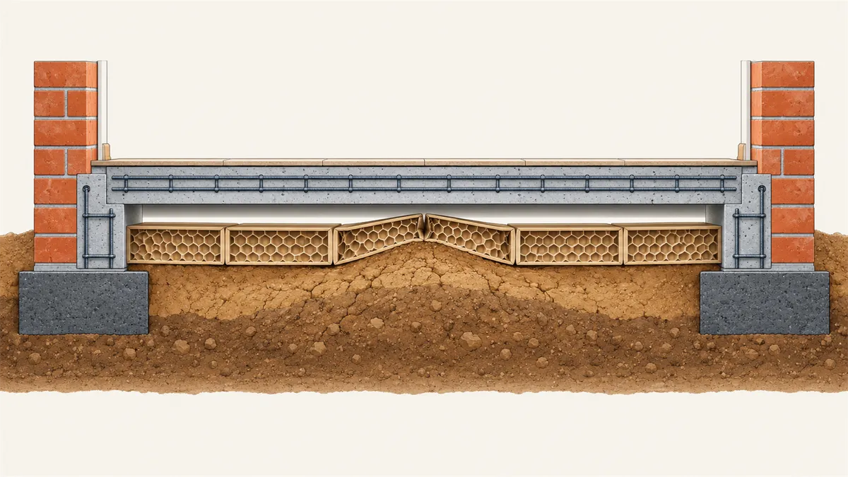 Illustration technique en coupe d'un rez-de-chaussée de pavillon : une dalle de béton armé neuve s'appuie sur deux longrines coulées le long des murs, elles-mêmes posées sur les semelles existantes ; sous la dalle, des caissons de coffrage en carton alvéolaire reposent sur l'argile brune, ménageant un vide entre le sol et le béton