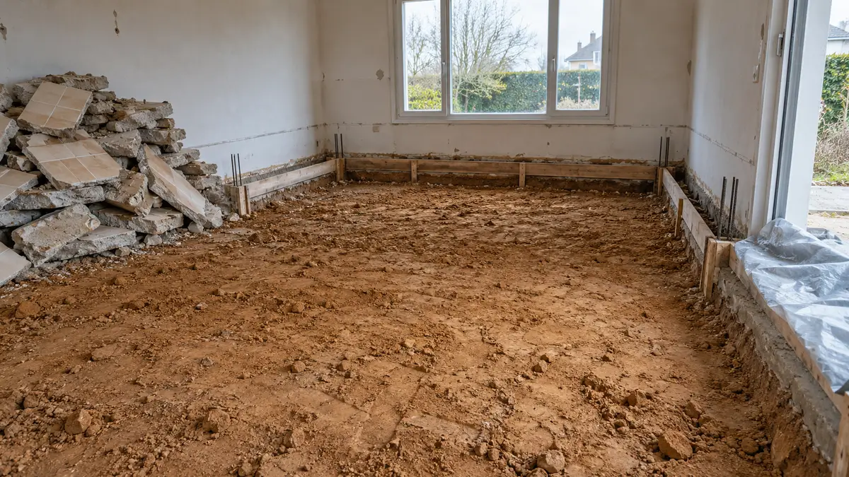 Photographie d'une pièce de rez-de-chaussée de pavillon vidée pendant les travaux : le dallage a été démoli, l'argile brune est à nu et décaissée, des morceaux de l'ancien dallage carrelé sont empilés contre un mur, des coffrages en bois de longrines sont en place le long des murs au pied des plinthes déposées