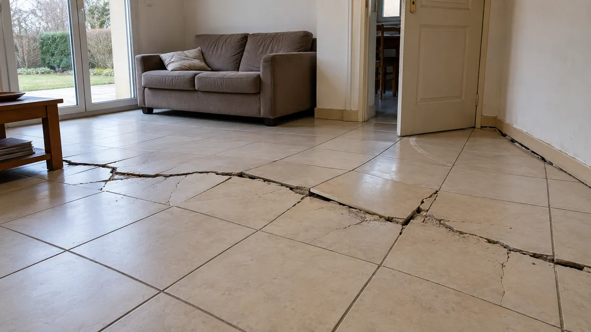 Séjour de pavillon au carrelage soulevé : une longue fissure en ligne brisée traverse plusieurs rangées de carreaux fendus et décollés, la plinthe s'écarte du sol le long du mur