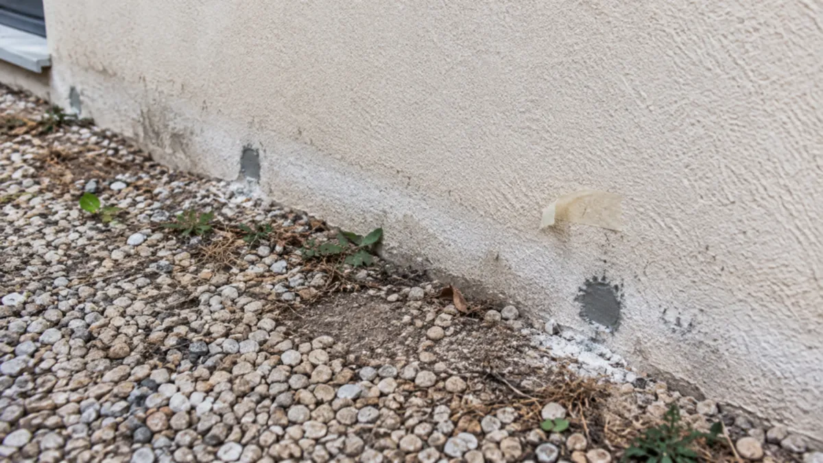Pied de façade d'un pavillon francilien percé d'une rangée régulière de trous rebouchés, trace d'une injection de résine sous les fondations
