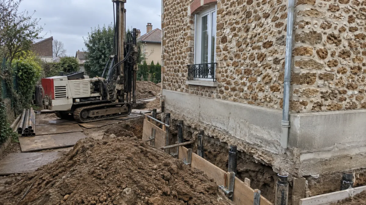 Petit chantier de reprise en sous-œuvre le long d'un pavillon : tranchée ouverte au pied du mur, têtes de micropieux en acier et foreuse compacte sur chenilles