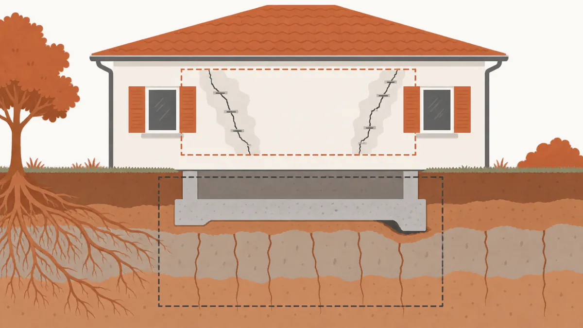Illustration technique en coupe d'un pavillon sur sol argileux : en haut, les fissures de façade traitées en surface ; en bas, les fondations superficielles et la couche d'argile qui se rétracte, zone laissée hors du périmètre des travaux