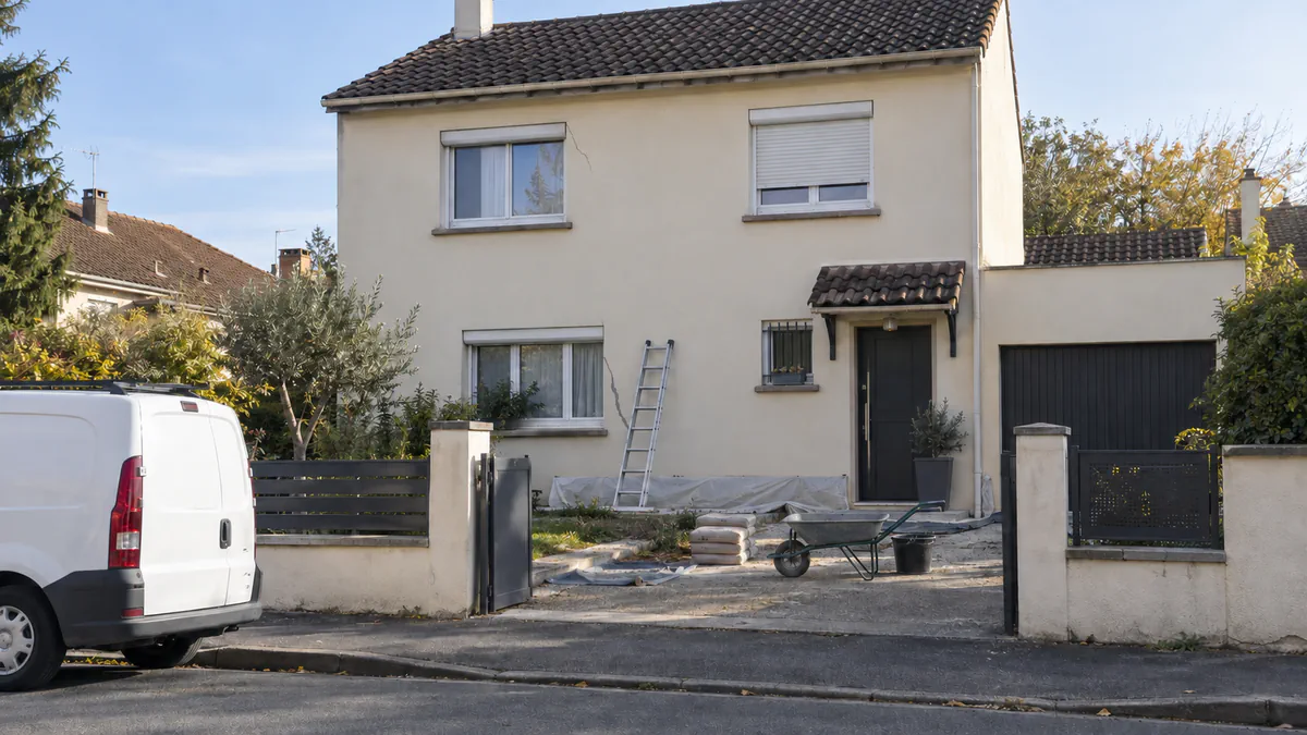 Petit chantier de reprise devant un pavillon de banlieue, échelle et brouette au pied d'une façade enduite où court une fine fissure sous une fenêtre