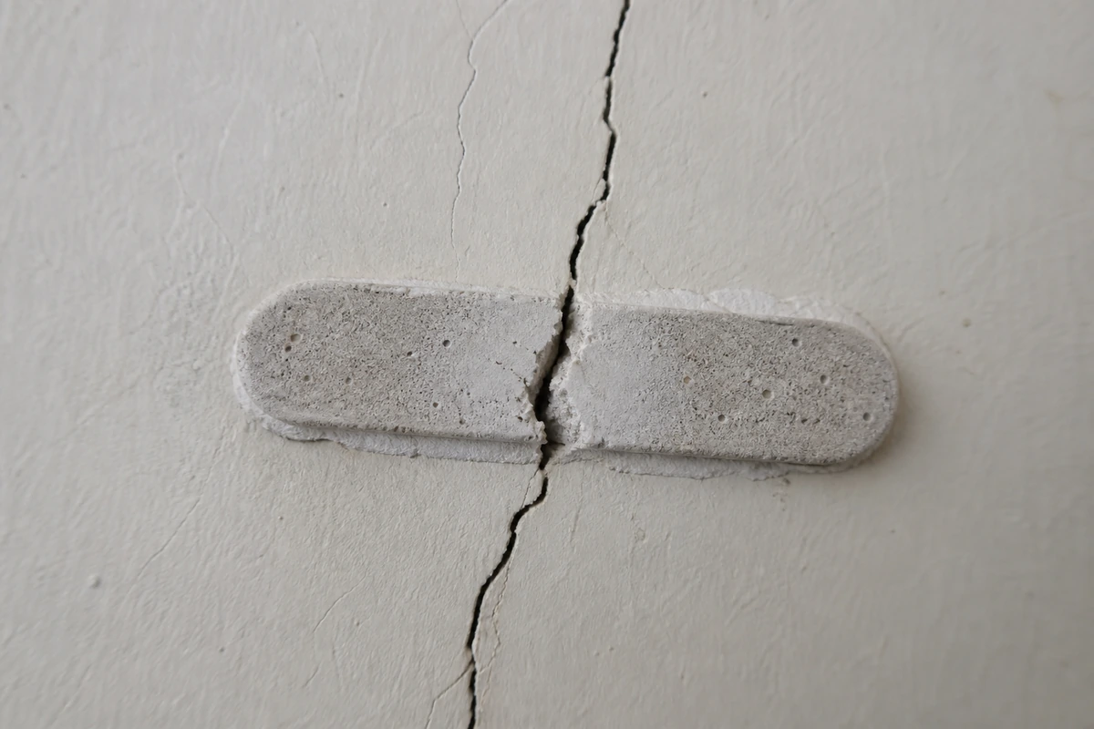 Témoin de plâtre posé sur une fissure de mur intérieur, nettement cassé en deux, signe d'un mouvement de fondation actif