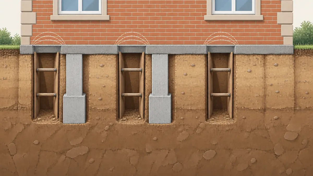 Illustration technique en écorché d'une façade de pavillon et de son sous-sol : sous la semelle filante, trois fouilles espacées sont ouvertes et étayées tandis que les tronçons intermédiaires reposent encore sur l'argile, et deux plots de béton gris déjà coulés descendent plus bas que la semelle d'origine
