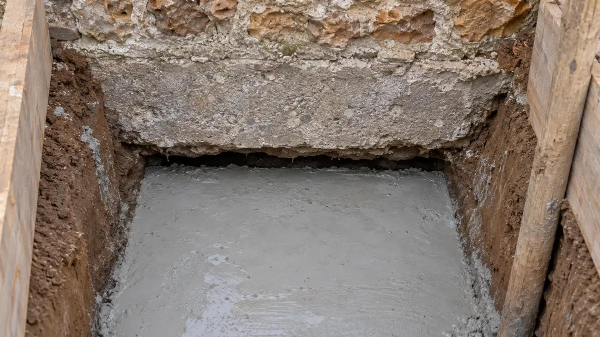 Photographie d'une fouille de reprise en sous-œuvre au pied d'un mur de pavillon en meulière : sous la semelle de béton ancienne, un plot de béton frais gris clair remplit le fond de la fouille, avec un espace de quelques centimètres encore libre sous la semelle, des étais en bois contre les parois en terre argileuse brune