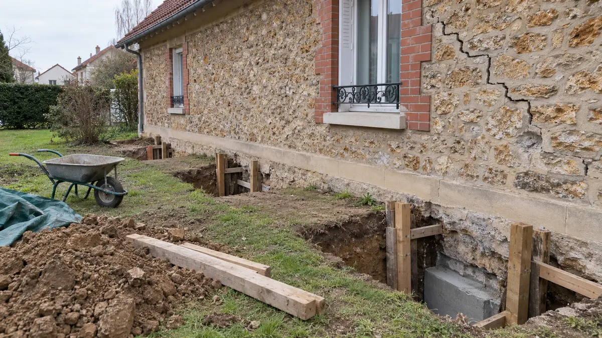 Pavillon en meulière en chantier de reprise en sous-œuvre : au pied de la façade, des fouilles étroites étayées alternent avec des tronçons de terre laissés intacts, un plot de béton frais au fond de la plus proche et une fissure en escalier dans la maçonnerie