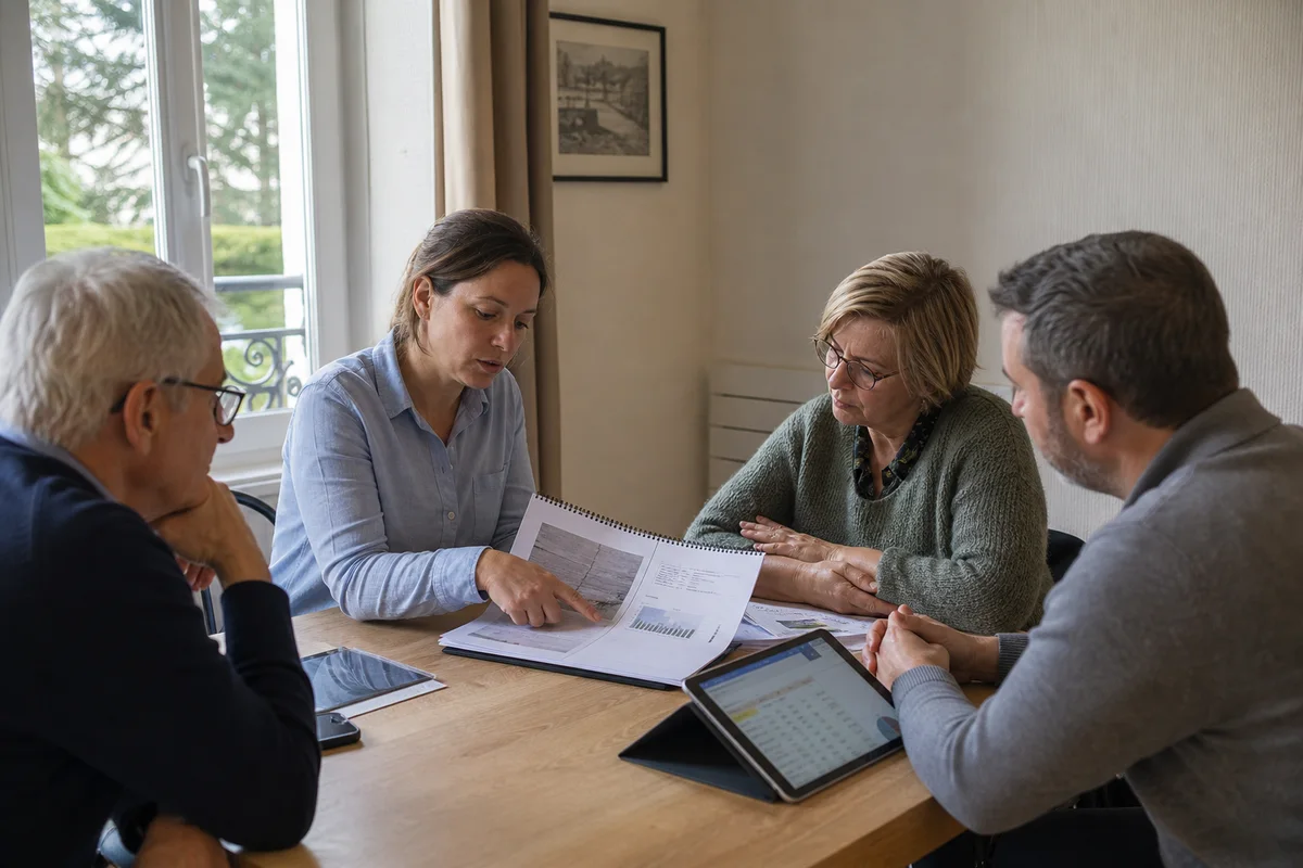 Restitution d'un rapport structurel à des copropriétaires réunis en salle commune d'immeuble.
