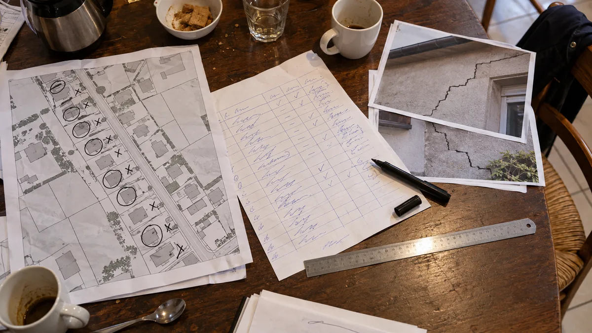 Table de réunion de quartier avec plan cadastral annoté au feutre, tableau de relevé des désordres par numéro de maison et photographies de fissures imprimées, aucune personne dans le cadre