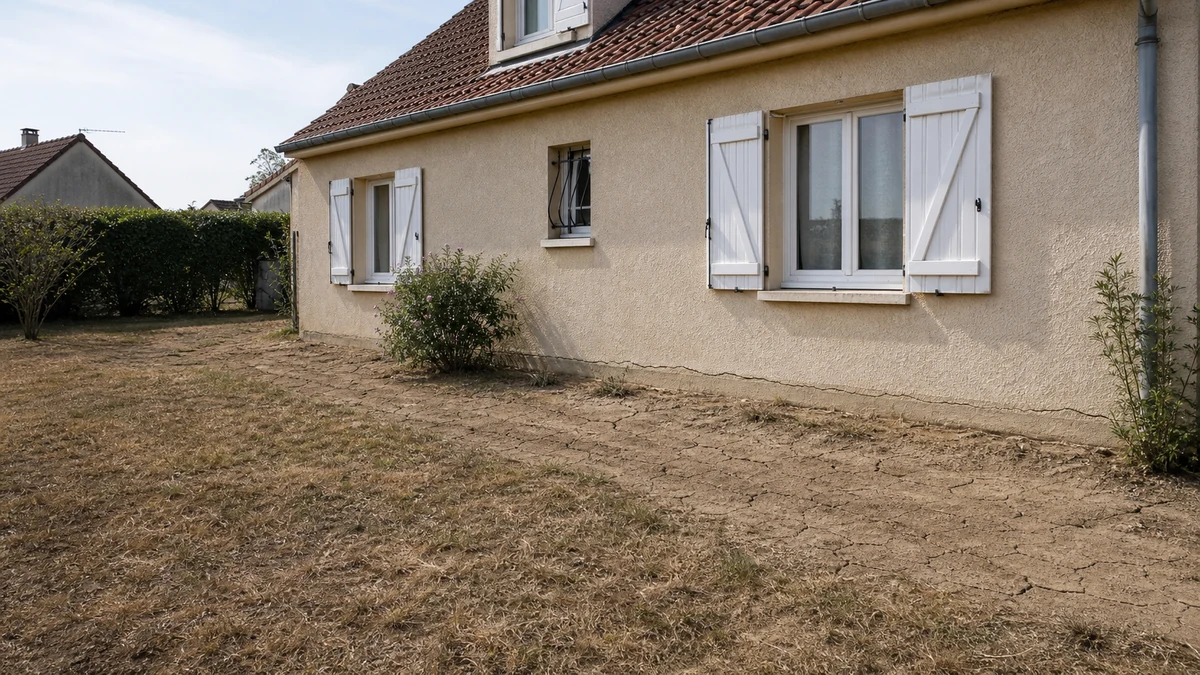 Pavillon francilien avec sol de jardin craquelé par la sécheresse et fissure discrète au pied du mur, illustrant l'exposition au retrait-gonflement des argiles