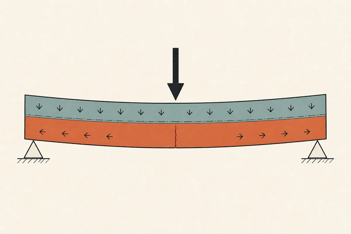 Illustration technique en coupe d'une poutre sous charge, montrant la fibre supérieure comprimée, la fibre inférieure tendue et la propagation d'une fissure
