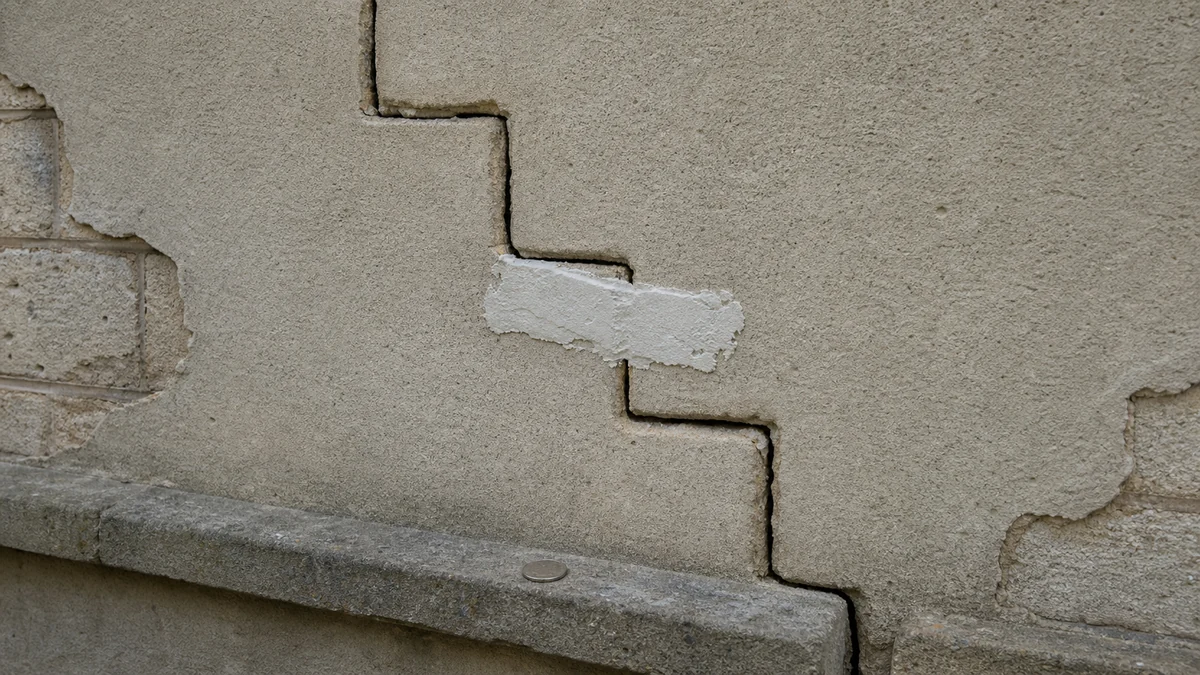Fissure en escalier sur mur enduit avec témoin en plâtre posé pour suivre son évolution, illustrant les signes qui distinguent une fissure dangereuse d'une fissure bénigne