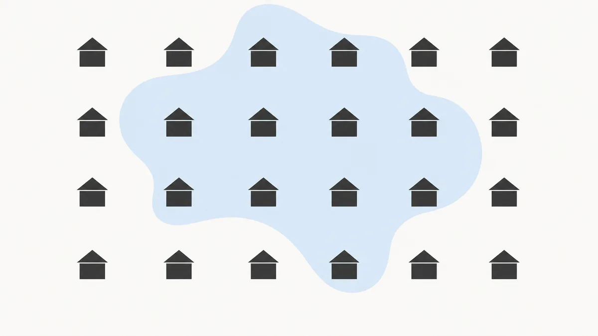 Illustration graphique en aplats de couleur superposant le tracé d'un ancien marais historique et l'implantation actuelle de maisons individuelles construites sur cette zone