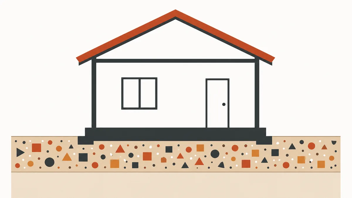 Illustration graphique en aplats de couleur d'une coupe de chantier montrant un remblai hétérogène non compacté sous une fondation de maison, avec gravats et terre rapportée mélangés