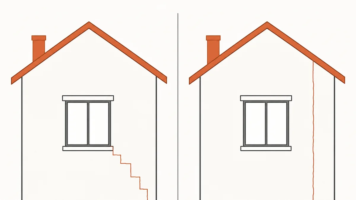 Illustration graphique en aplats de couleur comparant deux façades fissurées côte à côte : motif de fissuration typique du retrait-gonflement des argiles à gauche, motif typique d'un tassement de sol compressible à droite