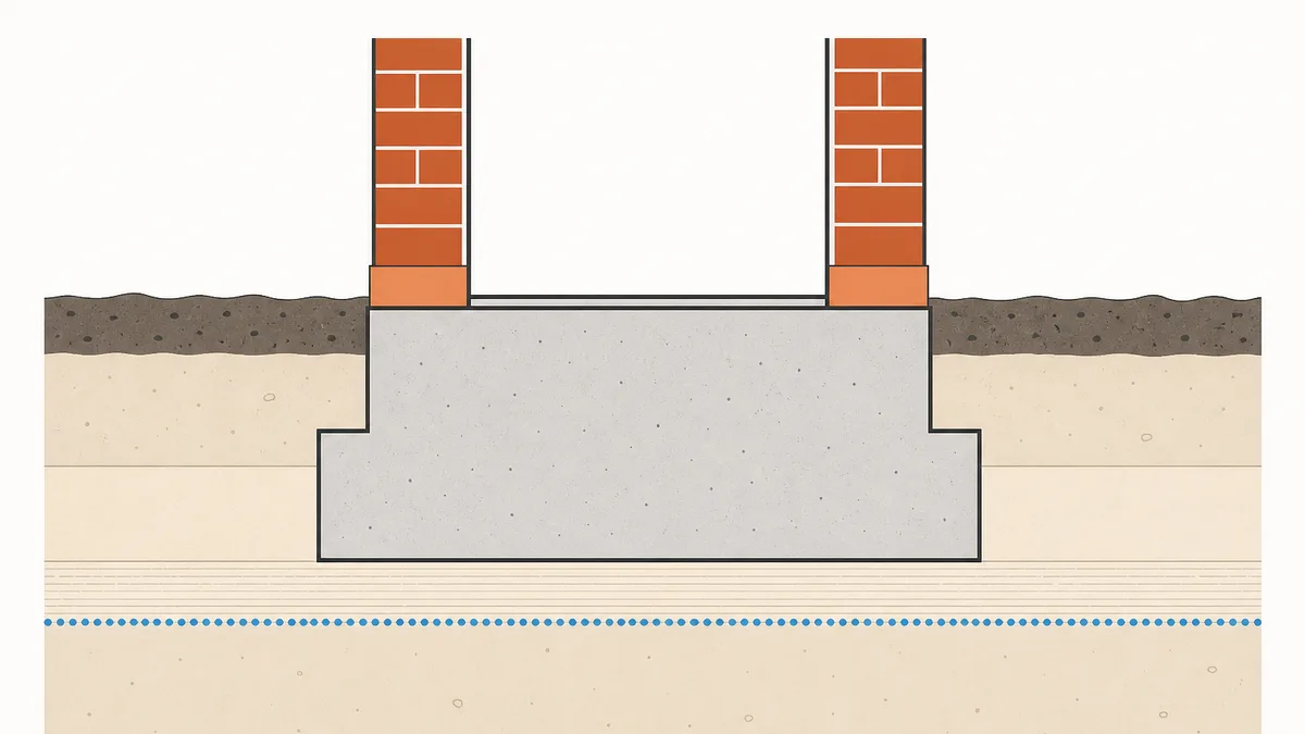Illustration graphique en aplats de couleur d'une coupe de sol montrant une nappe phréatique affleurante à moins de 2,5 mètres de profondeur sous une fondation de maison en zone alluviale