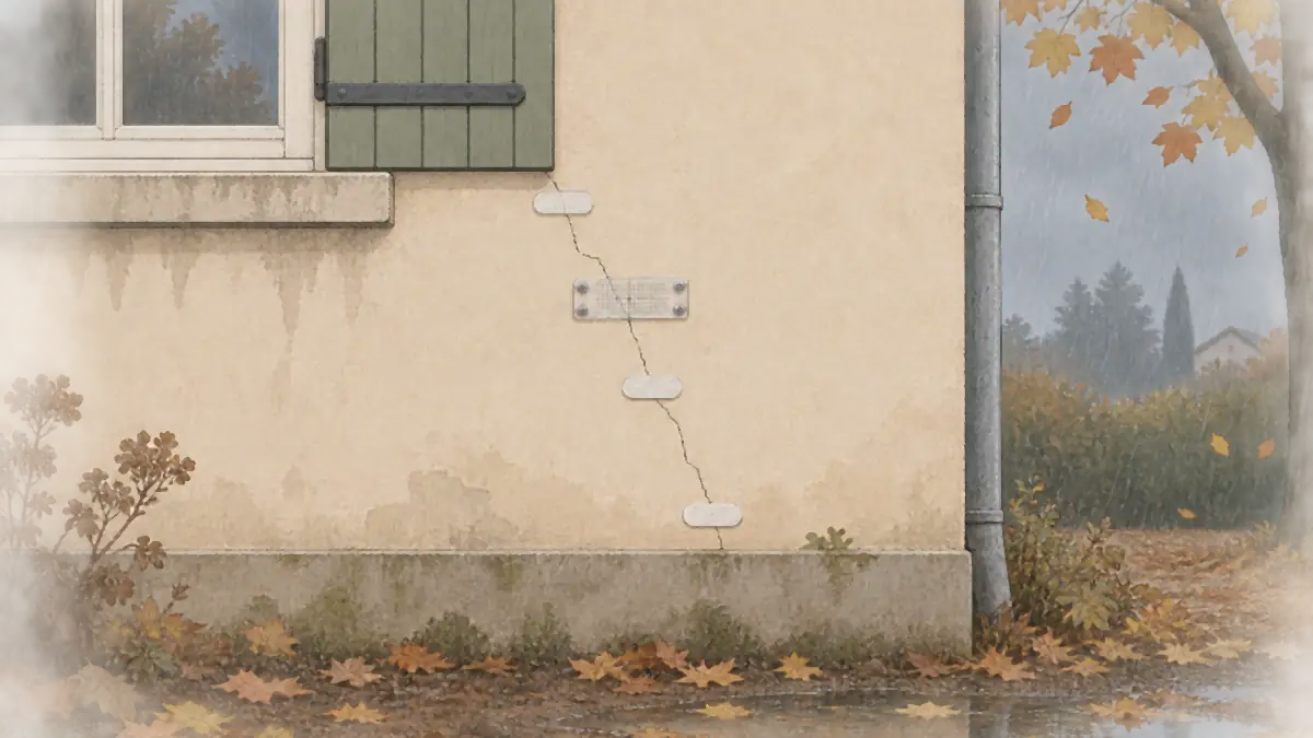 Illustration en aplats d'un mur de maison en automne, feuilles mortes au sol et pluie fine : trois témoins en plâtre et une jauge graduée sont posés sur une fissure en escalier qui s'est presque refermée
