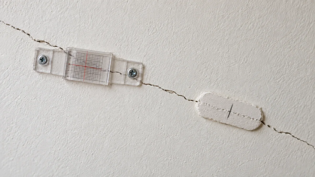 Jauge de fissure graduée vissée en travers d'une fissure d'un mur intérieur enduit, à côté d'un témoin en plâtre daté au crayon