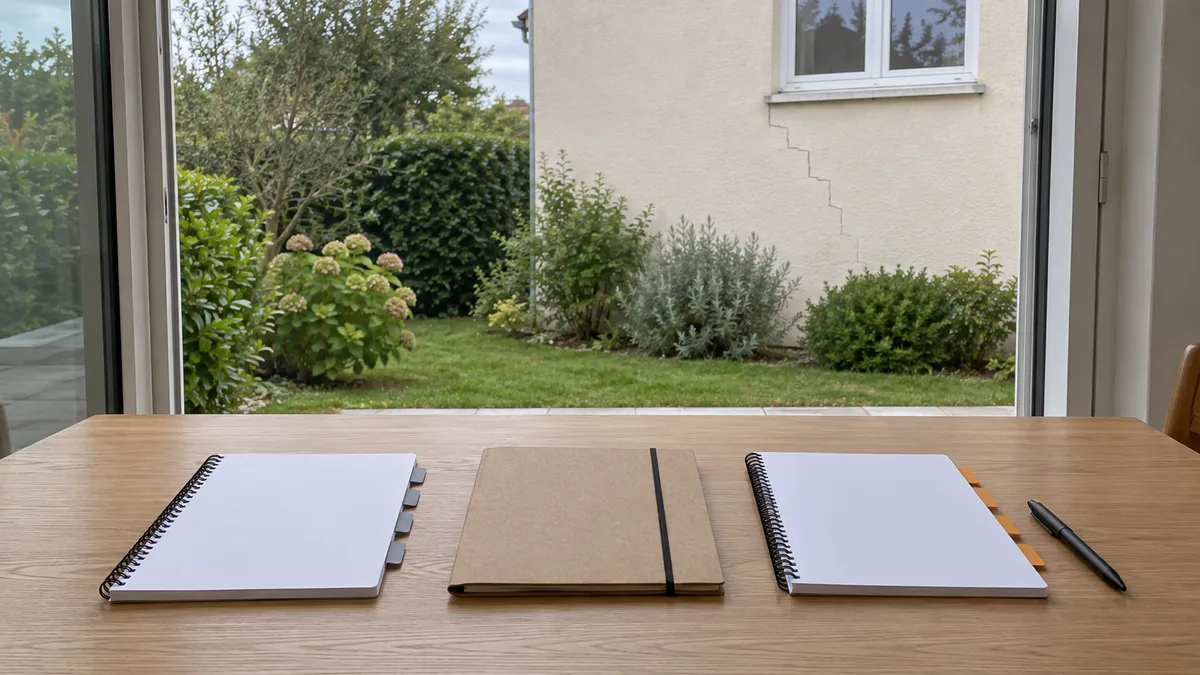 Deux rapports d'expertise fermés, à onglets gris et ocre, posés sur une table devant une porte-fenêtre ouverte sur une façade fissurée en escalier, un troisième dossier fermé entre eux