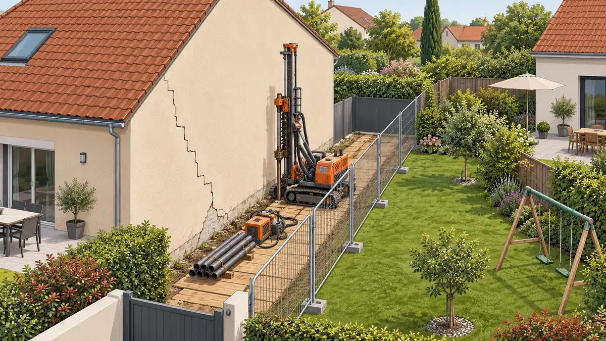 Illustration technique en vue de trois quarts : une petite foreuse de micropieux sur chenilles posée sur des planches de protection, sur la pelouse d'un jardin voisin, le long d'un pignon fissuré construit en limite de propriété, avec une clôture provisoire qui délimite l'emprise du chantier