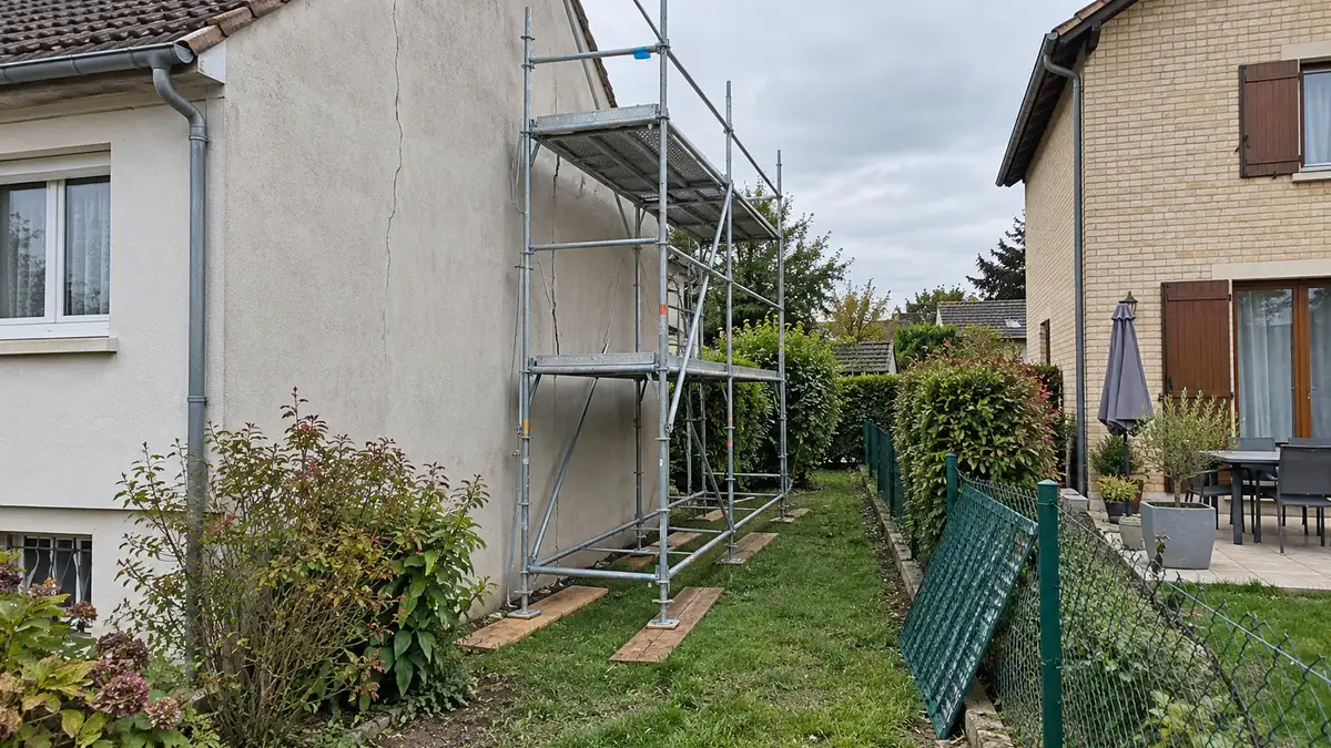 Deux pavillons très proches : le pignon de l'un, construit en limite de propriété, est longé d'un échafaudage monté dans le jardin du voisin, sur des planches posées sur la pelouse