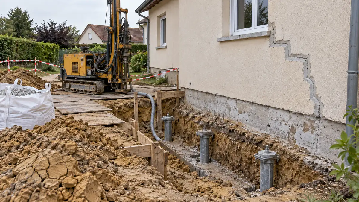 Chantier de reprise en sous-œuvre par micropieux le long d'une maison fissurée par la sécheresse, foreuse et tranchée ouverte