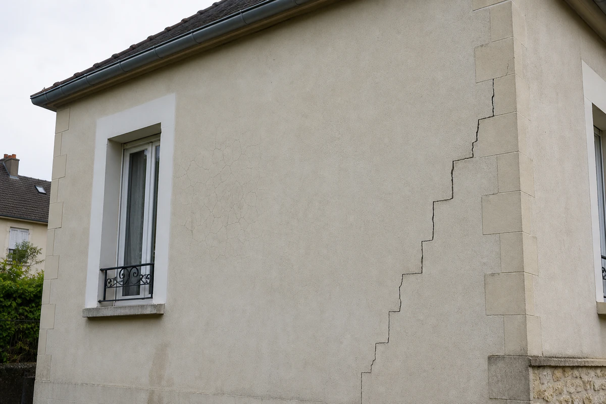 Pignon de façade francilienne présentant à la fois un réseau de microfissures superficielles et une fissure en escalier le long d'un angle