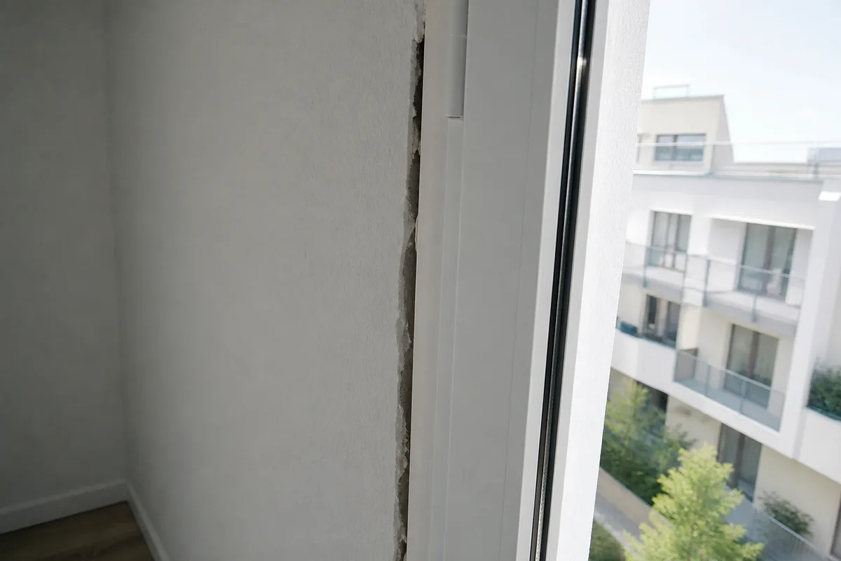 Joint béant entre un dormant de fenêtre neuve et la maçonnerie environnante, écart visible sur toute la hauteur