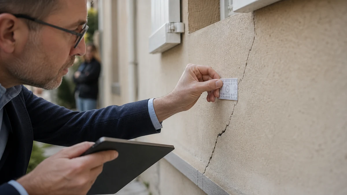Un expert bâtiment mesure une fissure sur une façade avec une jauge tout en consignant son diagnostic sur une tablette