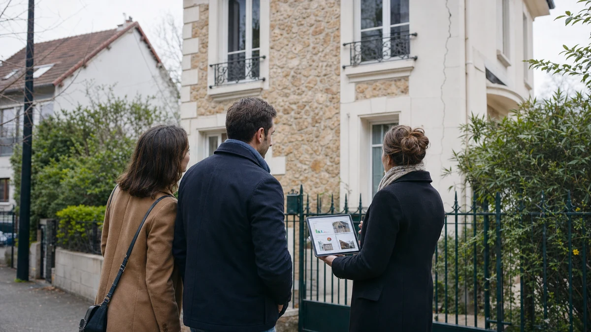 Un agent immobilier présente un rapport de diagnostic à un couple devant un pavillon francilien dont la façade porte une fine fissure