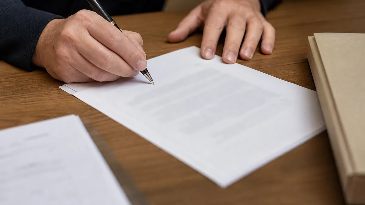 Photographie de mains signant un acte notarié sur une table de bureau, aucun visage dans le cadre