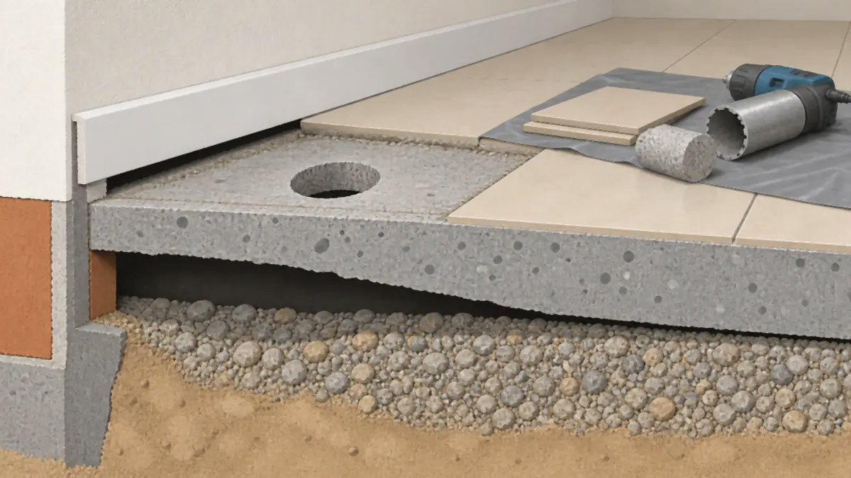 Illustration en coupe du pied d'un mur de séjour où deux carreaux ont été déposés : un trou de carottage traverse le dallage et révèle dessous un vide de plusieurs centimètres au-dessus d'un remblai de gravier tassé, la carotte de béton posée à côté sur une bâche