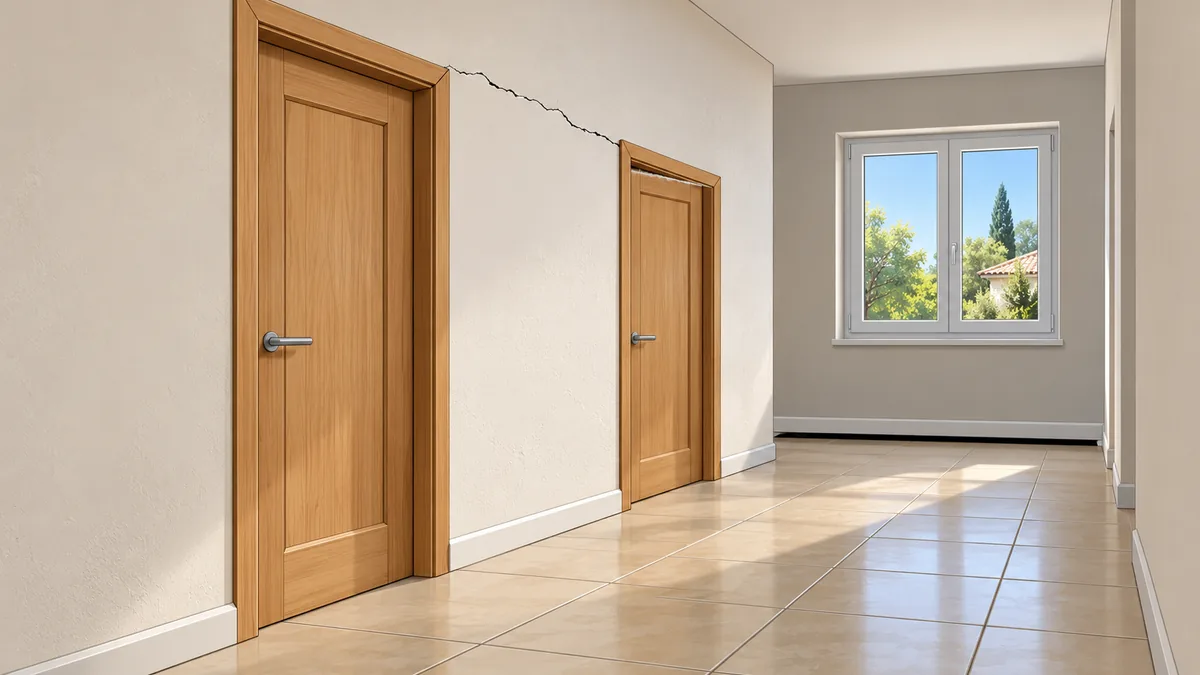 Illustration d'un couloir de maison de plain-pied : la cloison entre deux portes intérieures est fendue en diagonale depuis l'angle d'un encadrement, une porte frotte en haut de son cadre, et le long du mur extérieur au fond un vide sombre s'ouvre sous la plinthe