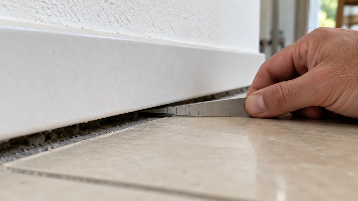 Gros plan au ras du sol au pied d'un mur de séjour : un vide sombre d'environ un centimètre s'est ouvert entre la plinthe blanche et le carrelage, et une main y glisse une jauge d'épaisseur en acier