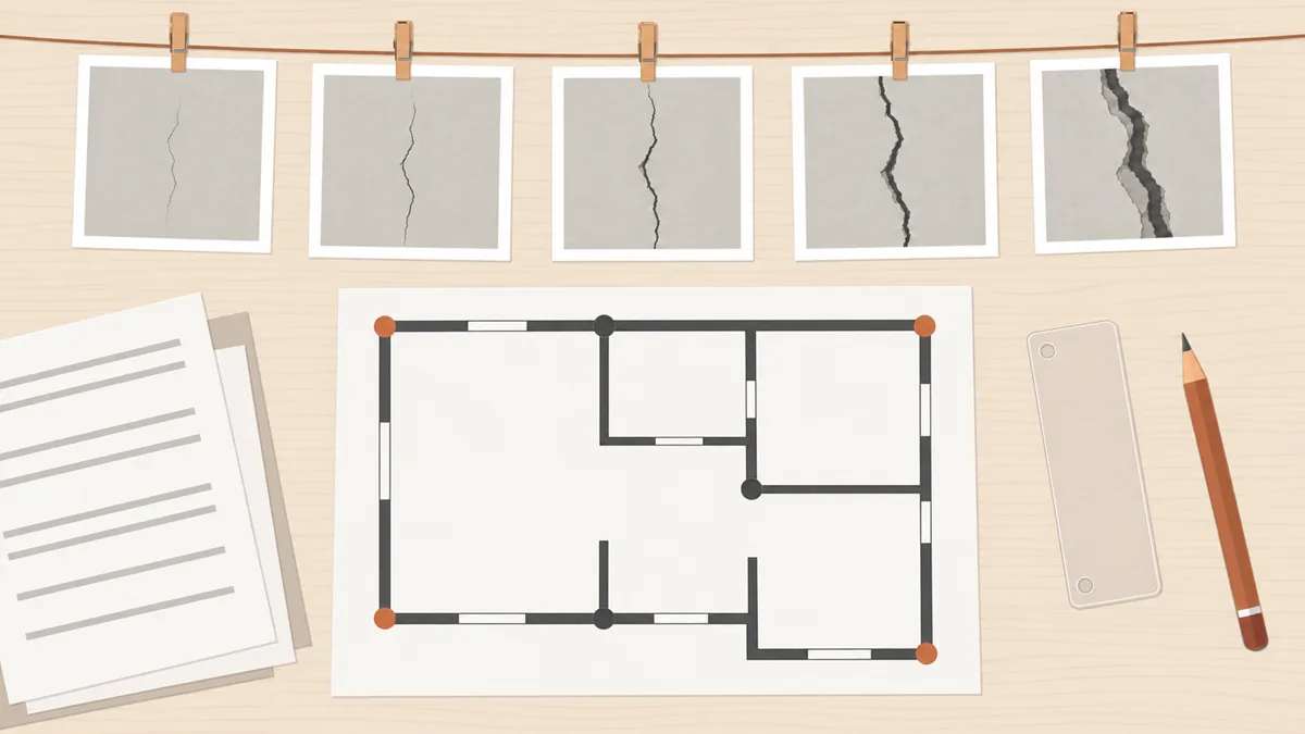 Illustration à plat d'une table vue de dessus : des tirages photo de fissures sont épinglés en ordre chronologique le long d'un fil, à côté d'un plan de maison annoté de repères de couleur et d'une jauge de mesure de fissure.