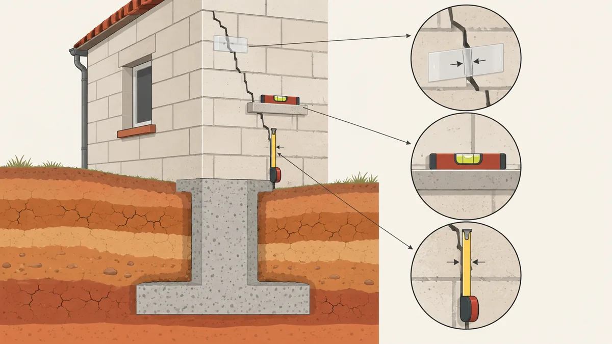 Illustration à plat en coupe d'un angle de maison : une fissure en escalier dans la maçonnerie est encadrée par une jauge de mesure, un repère de niveau et un mètre ruban, sur un fond de sol argileux dessiné en strates.