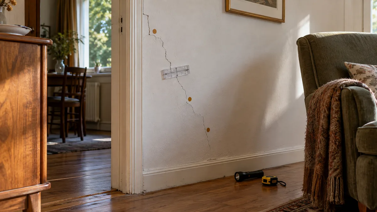 Angle de séjour d'un pavillon francilien dégagé avant la visite de l'expert : meubles écartés du mur, fissure en escalier marquée de pastilles datées et d'une jauge de mesure collée sur l'enduit