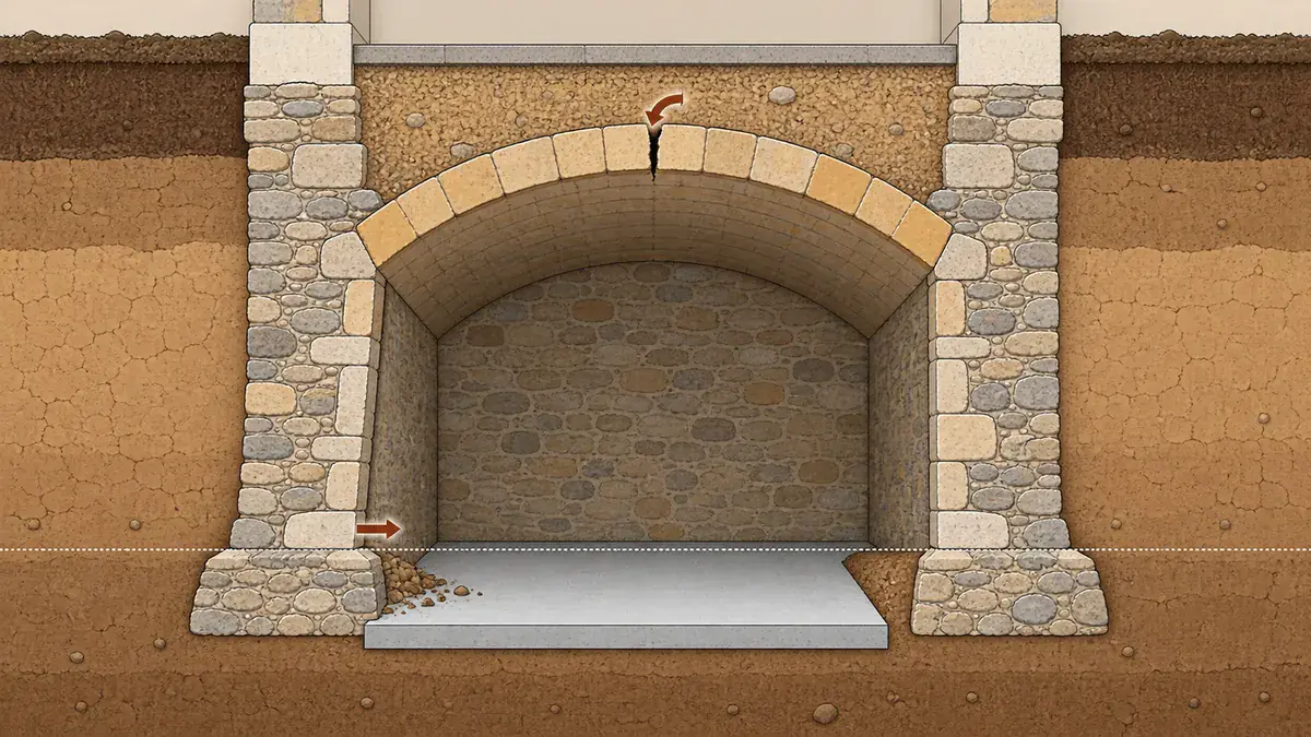 Illustration technique en coupe d'une cave voûtée dont le sol a été abaissé sous le niveau de la fondation d'un mur d'appui : le pied du mur est déchaussé et une fissure s'ouvre au sommet de la voûte