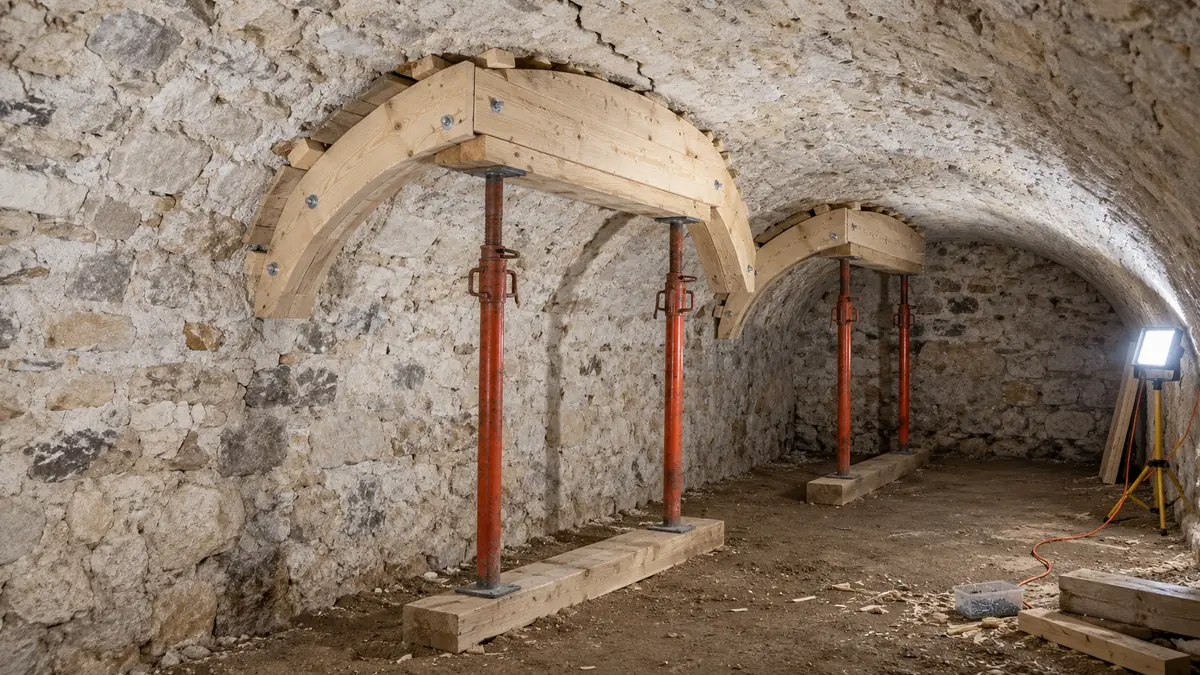 Cave voûtée en pierre étayée par un cintre en bois taillé à la forme de l'arc, posé sur des étais métalliques, sous une fissure qui suit le sommet de la voûte