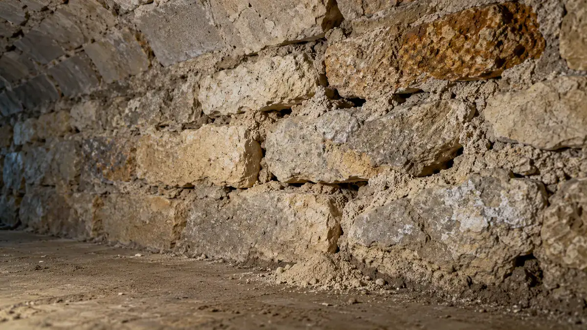 Gros plan sur le pied d'une voûte de cave en moellons : les joints entre les pierres sont creusés sur plusieurs centimètres et un petit tas de sable clair s'est formé au sol, contre le mur