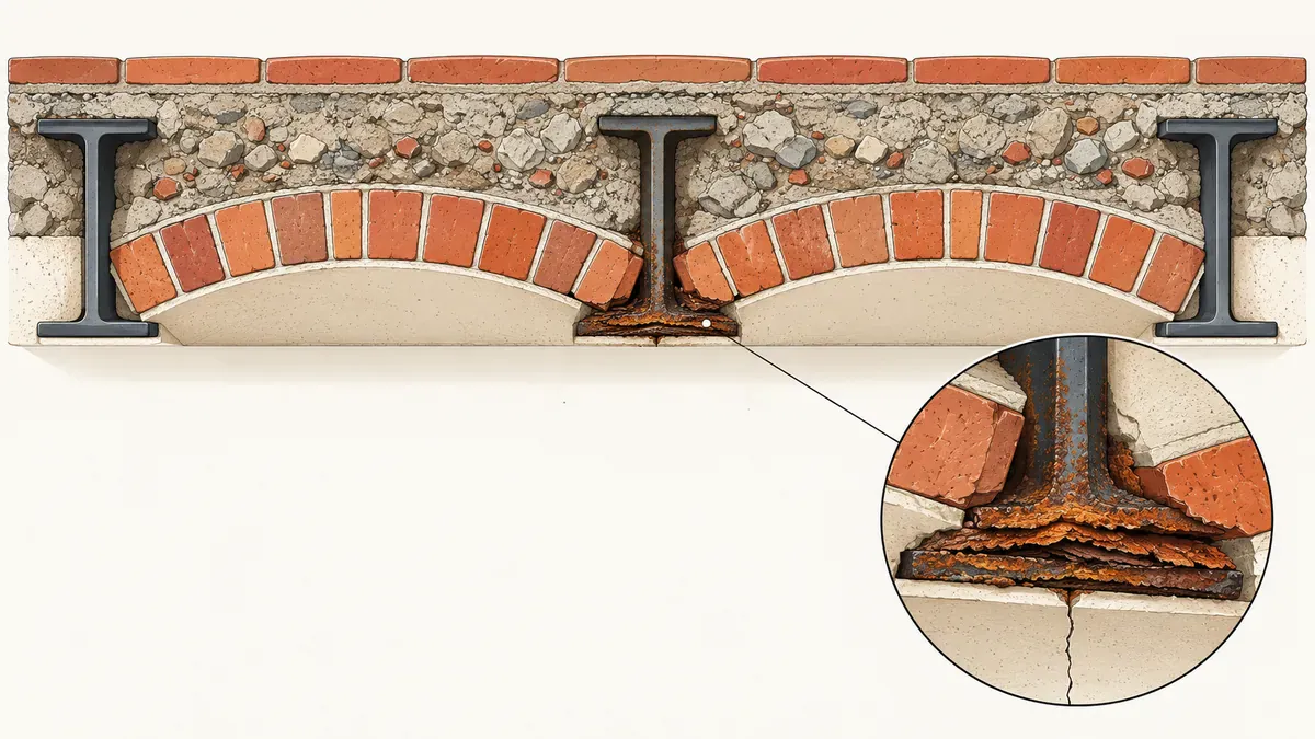 Illustration technique en coupe d'un plancher de cave à voûtains : des voûtes de briques reposent entre des poutrelles en fer, l'aile inférieure d'une poutrelle est gonflée par la rouille et la brique se fend le long de la poutrelle