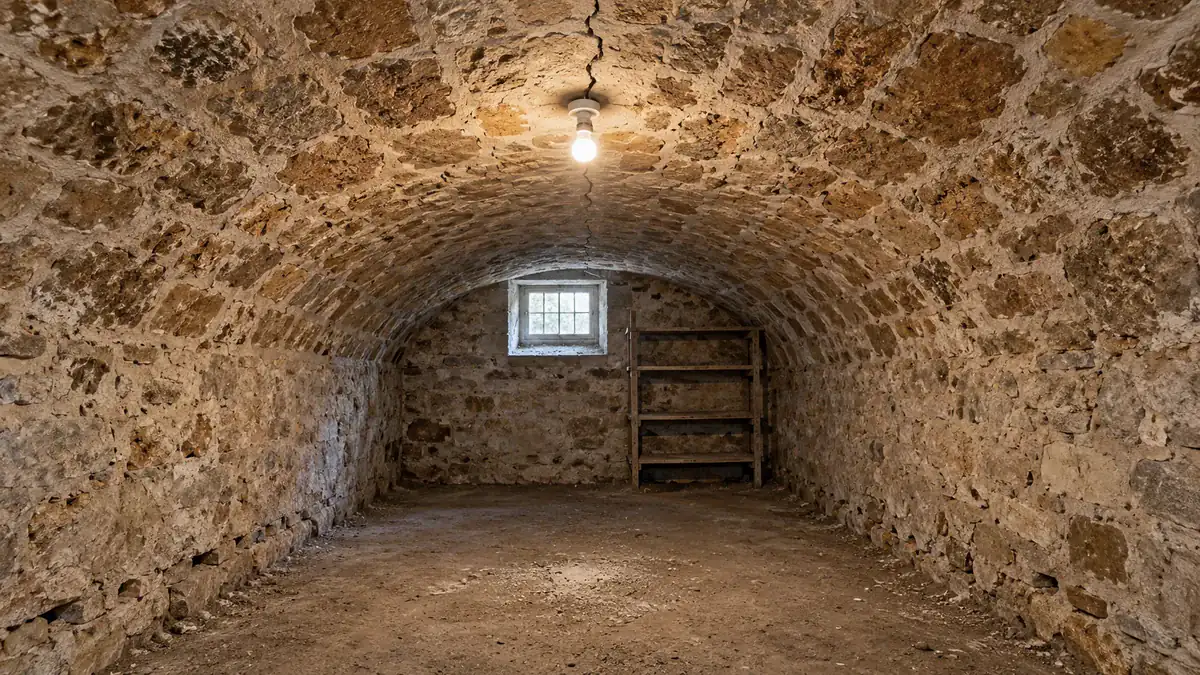 Cave voûtée en pierre meulière éclairée par une ampoule nue : une fissure longe le sommet de la voûte, quelques joints creusés près des murs et un peu de sable au sol