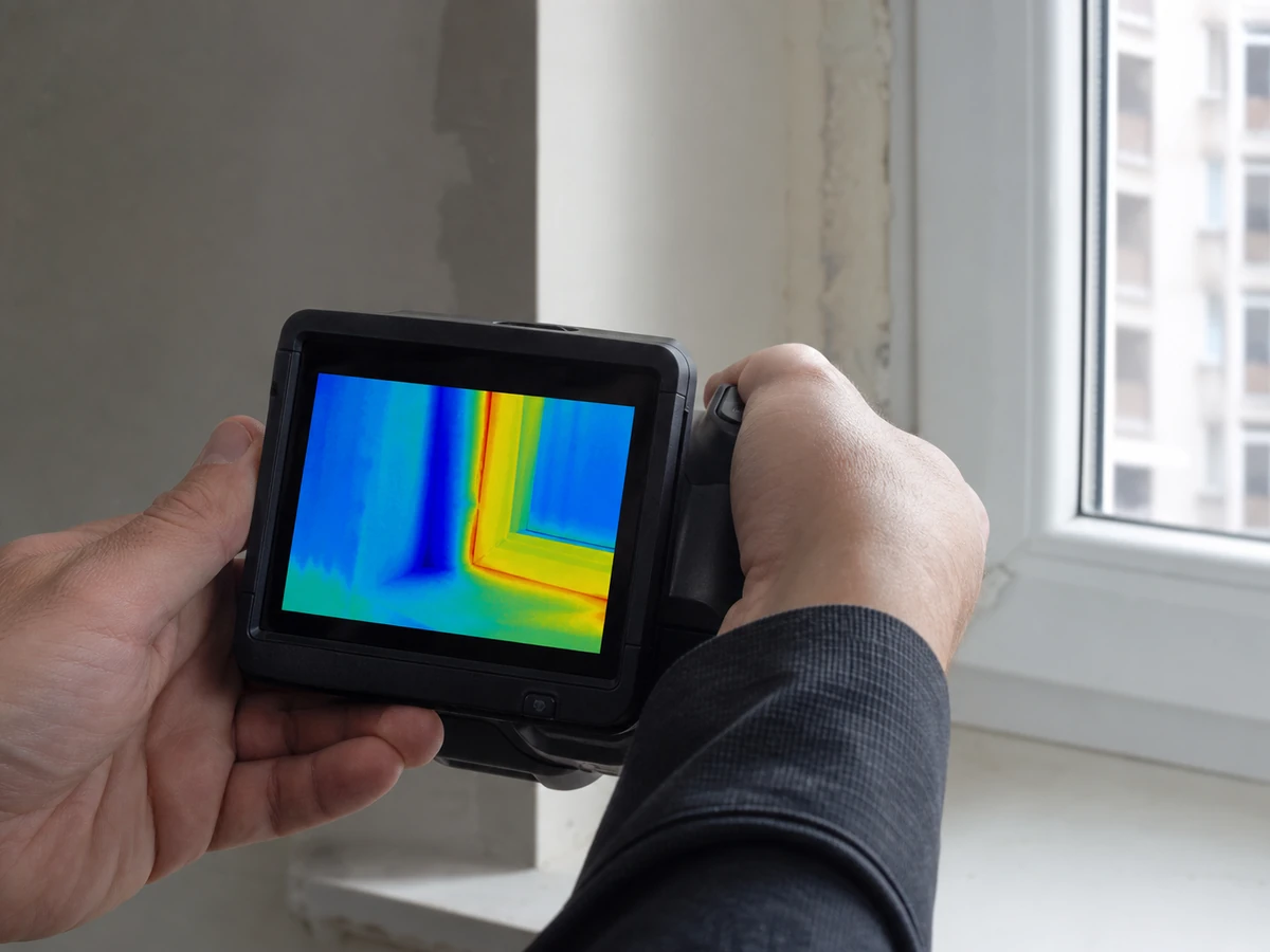 Caméra thermique utilisée pour repérer un pont thermique près d'une fenêtre