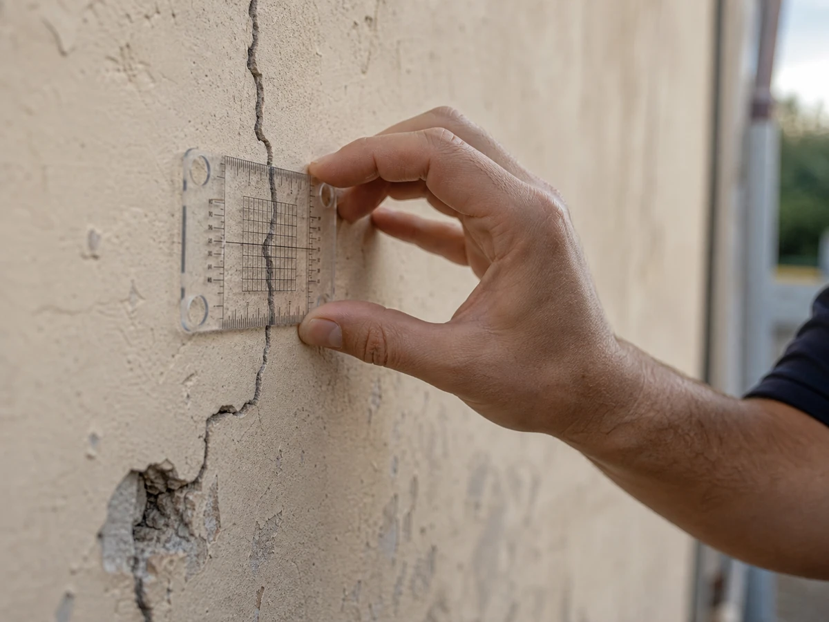 Fissuromètre posé sur une fissure de façade pour mesurer son ouverture