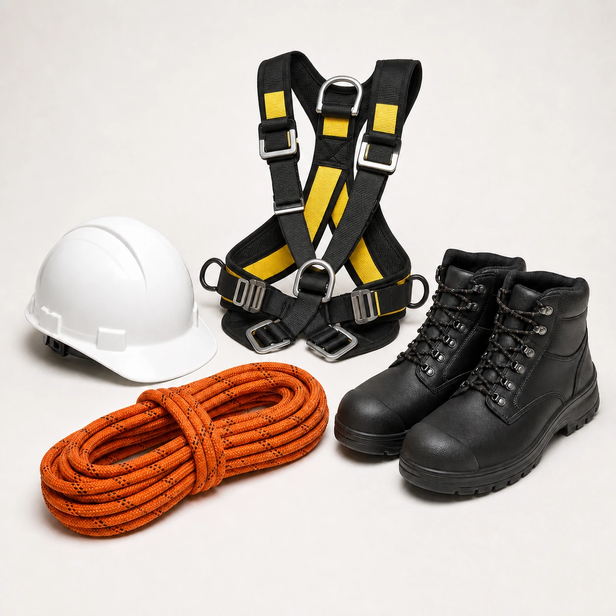 Bottes, casque, harnais, corde