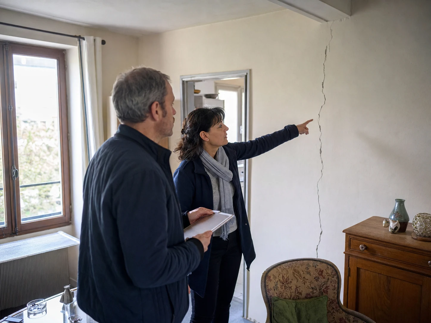 Lors de la visite d'un appartement, une acheteuse potentielle désigne une fissure sur un mur tandis que l'expert qui l'accompagne prend des notes.